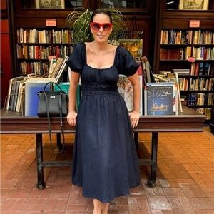 Everyone Loves The Weekend Positano Navy Blue Linen Midi Dress